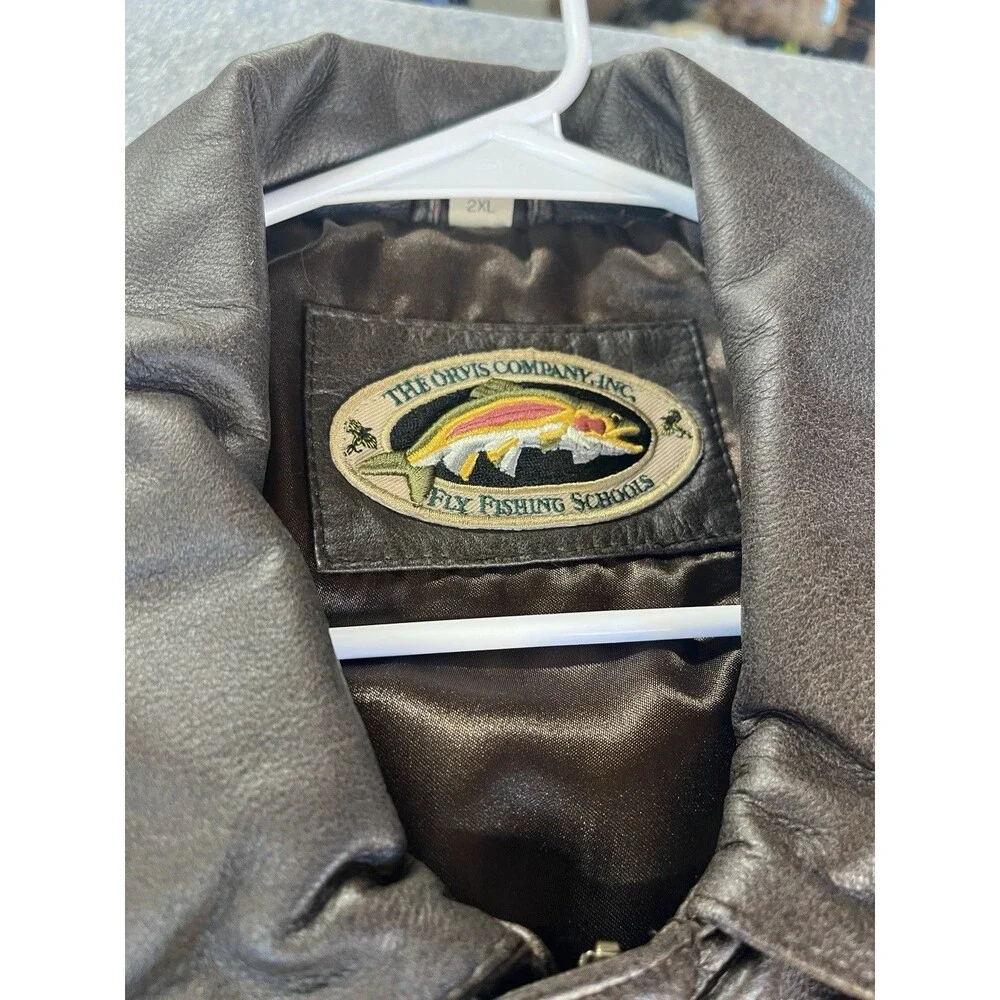 VTG Orvis Fly Fishing Schools Men 2XL Brown Leather Bomber Jacket Excellent